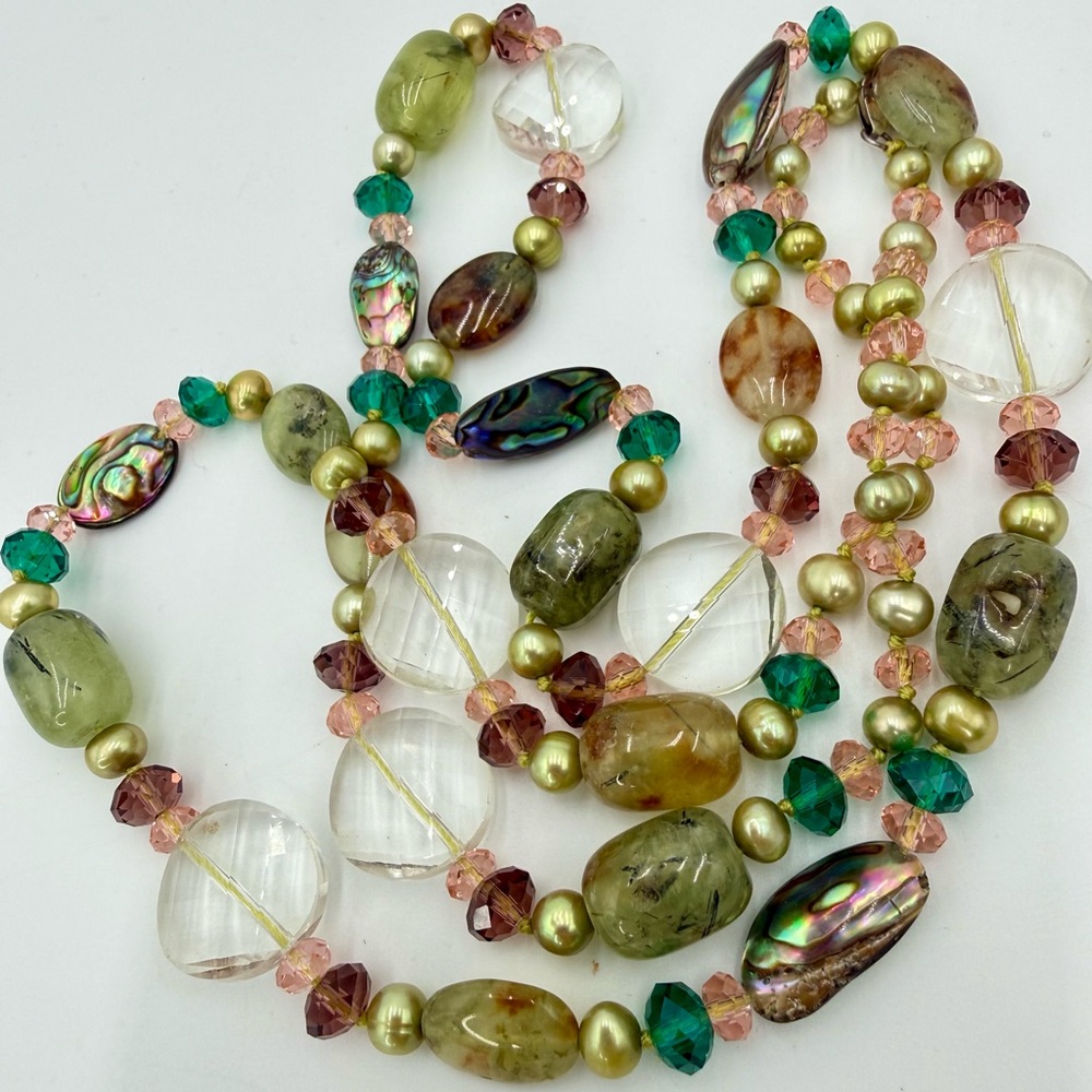 One Of A Kind Artisan Abalone Moss Agate Quartz Pearl 40” Necklace 925 Gemstone - Picture 16 of 17